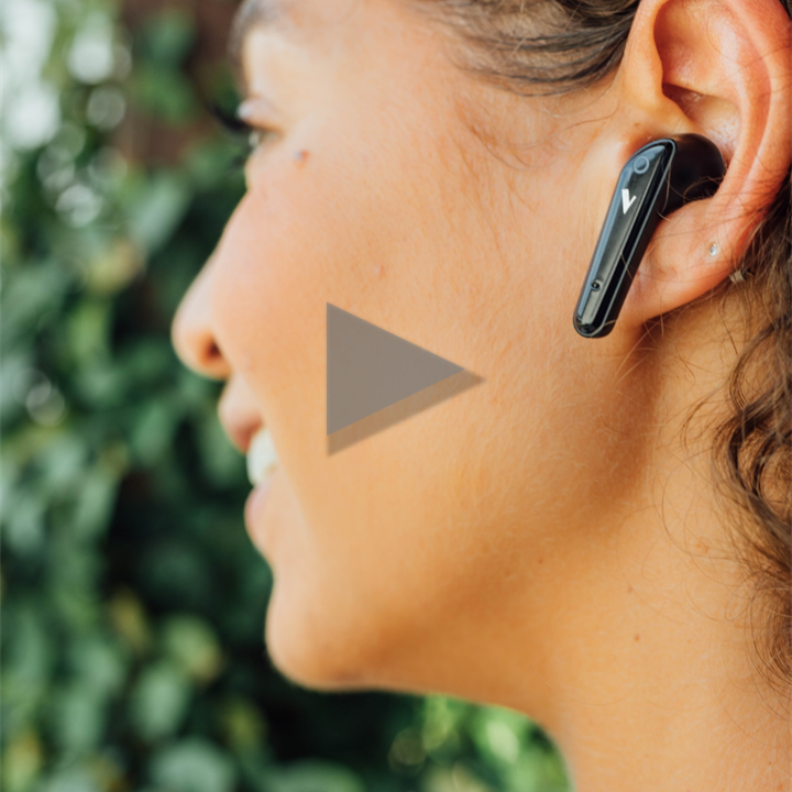 Video showing a girl using earbuds, removing from case, placing in ears for a run, and holding case in hand